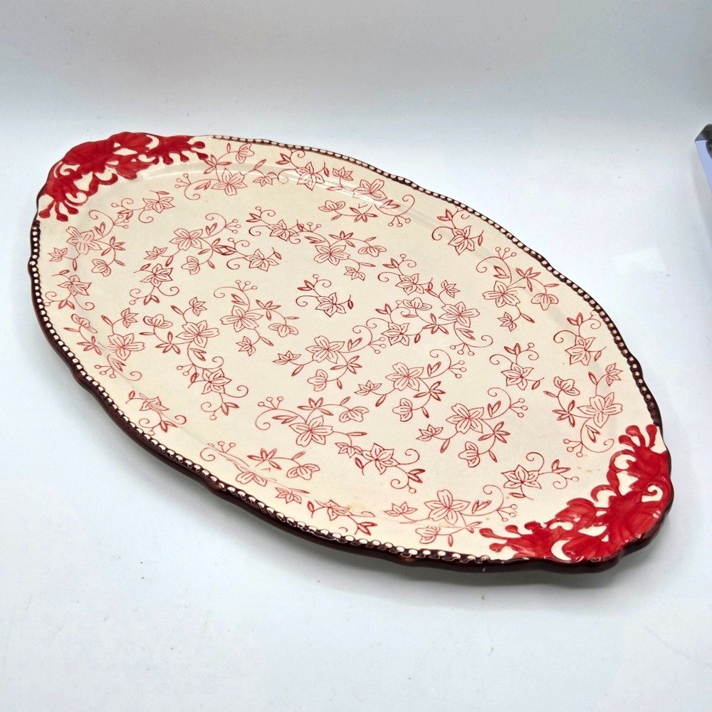 Temp-tations Red Floral Lace Oval Serving Tray/Platter 18" x 11" Ovenware